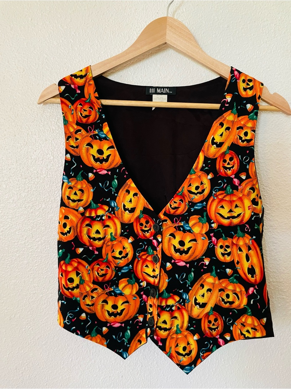 Vintage Pumpkin Print Halloween Vest Spooky Jack O Lantern Size Small